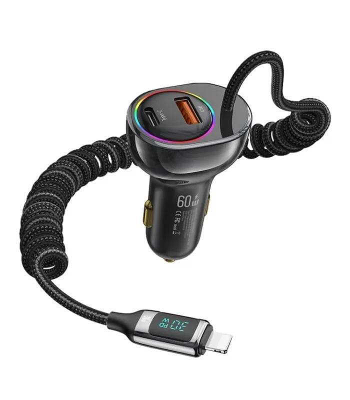 USAMS US-CC193 C37 60W Type-C+USB Dual Port Car Charger with Digital Display 30W 8 Pin Spring Data Cable