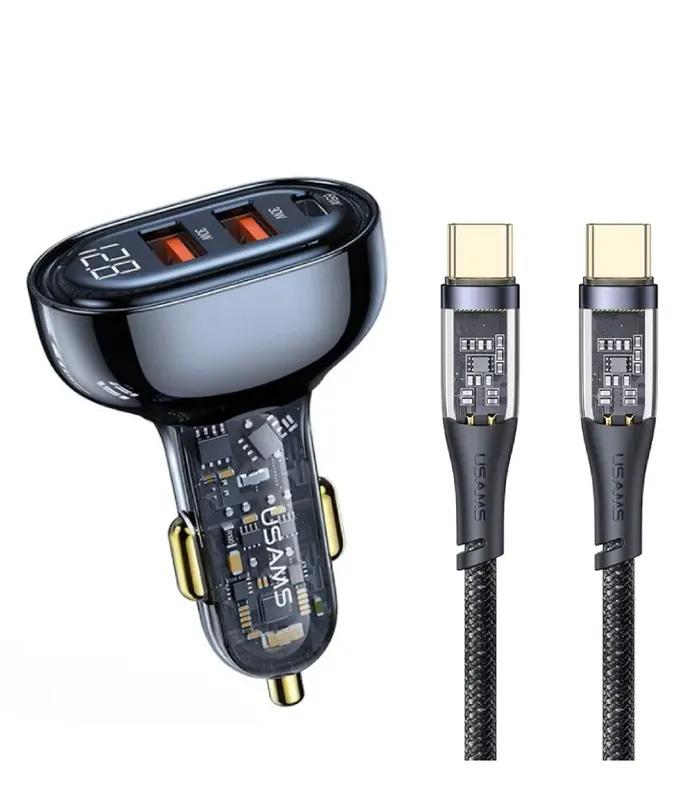 USAMS Ice Series 80W 3-Port Transparent Car Charger with 100W Type-C Cable