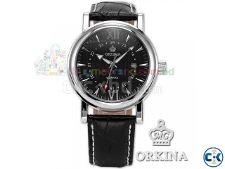 Orkina Mens Luxury Black White Dial Leather Watch